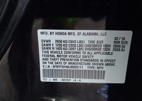 2018 Honda Pilot Touring from USA, damaged, VIN 5FNYF6H98JB025111